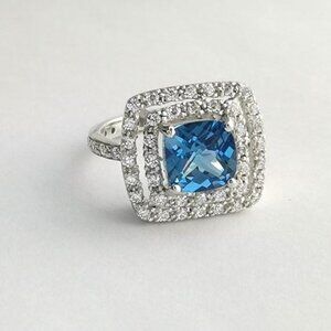 NWT  Swiss Blue Topaz white sapphire halo cocktail ring size 7